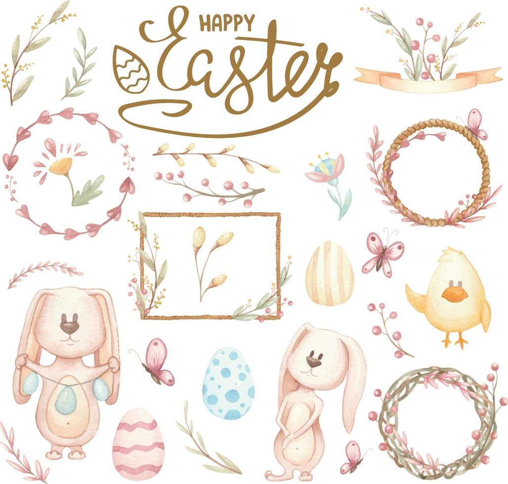 watercolor set of illustrations for Easter or spring on white vector