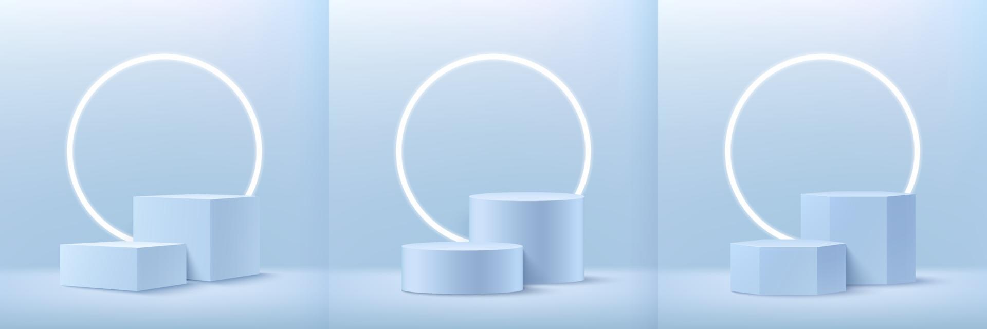 Set of abstract cube round and hexagon display for product on website in modern design. Background rendering with podium and minimal texture wall scene, 3d rendering geometric shape light blue color. vector