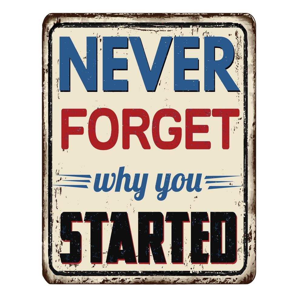 Never forget why you started vintage rusty metal sign vector