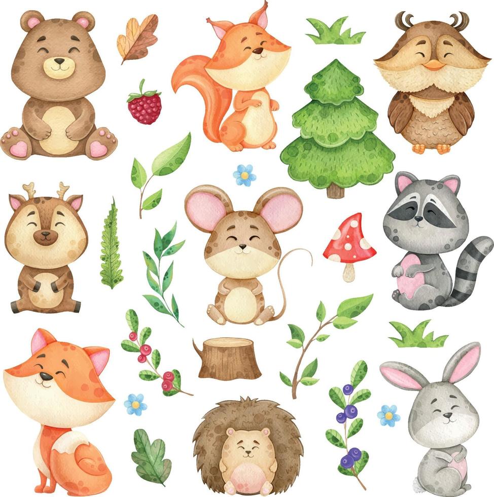 large set of forest animals and forest design elements, watercolor collection of wild animals, children's illustration for printing vector