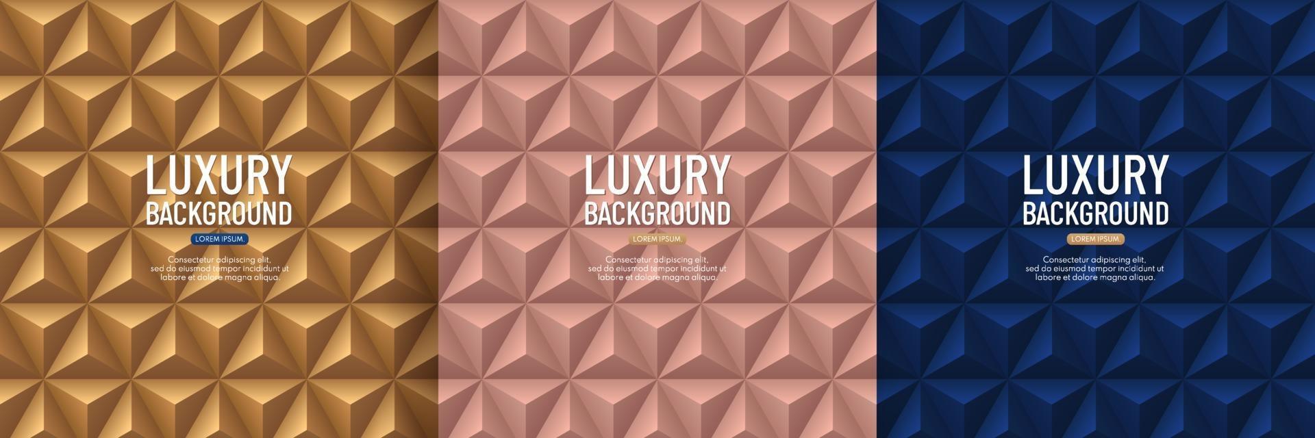 Set of luxury dark blue, rose gold and golden pyramid 3D pattern background. Abstract geometric texture design. Vector illustration