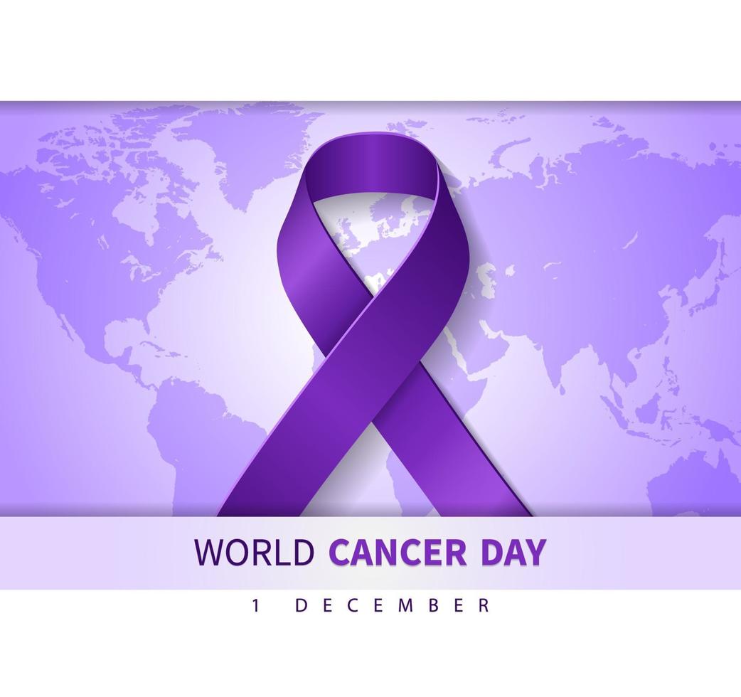 Ilustración de fondo púrpura del día mundial del cáncer con símbolo de cinta y texto en el mapa mundial. ilustración vectorial para el concepto del día mundial del cáncer de mama. vector