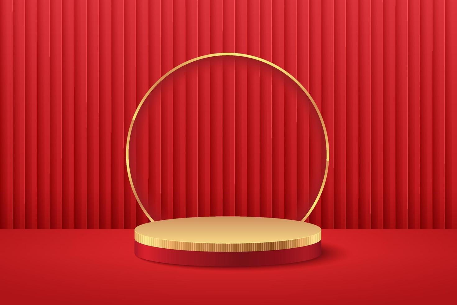 pantalla redonda abstracta para producto en sitio web en diseño moderno. Representación de fondo con podio y escena de pared de textura de cortina roja mínima, representación 3D forma geométrica en color rojo y dorado. concepto oriental. vector