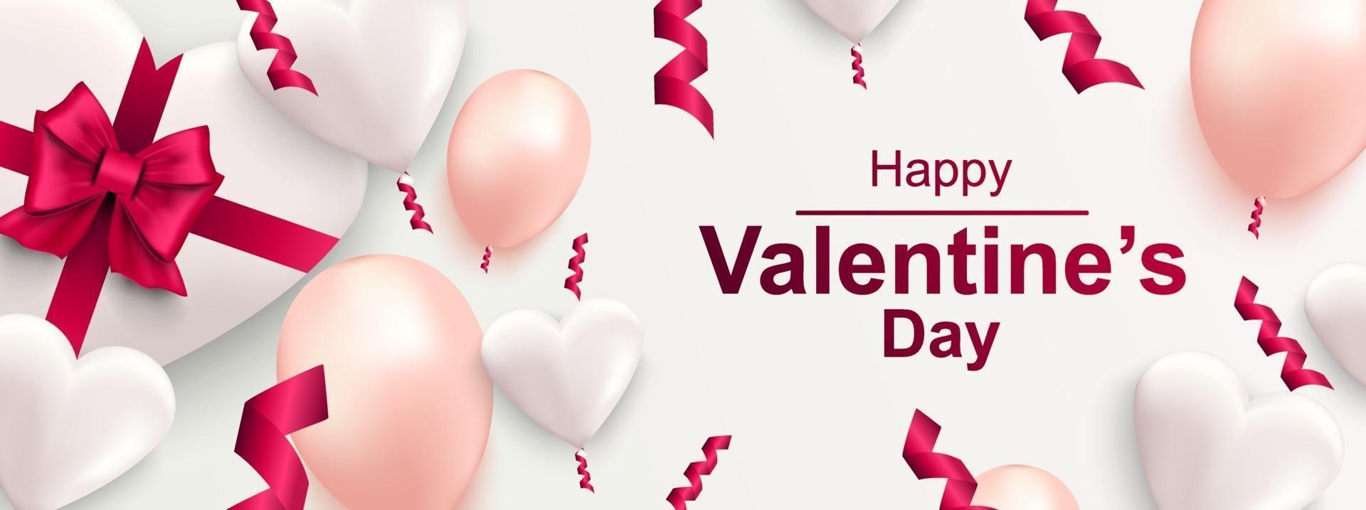 Happy Valentines day horizontal web banner. Realistic gift box with bow, heart vector