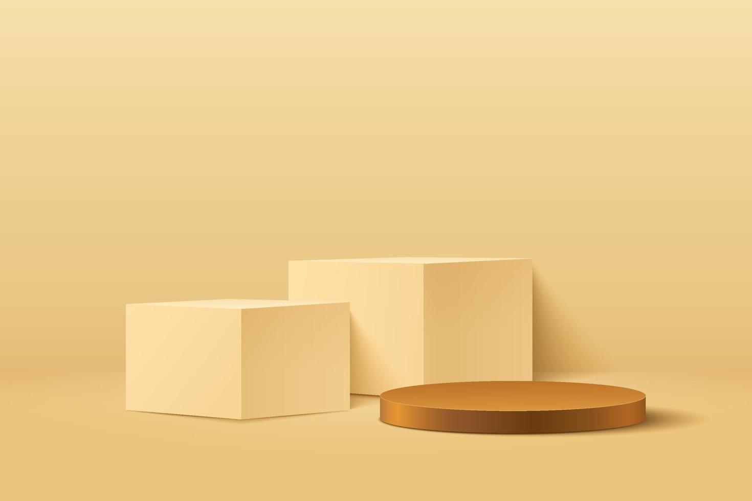 Abstract cube and round display for product on website in modern design. Background rendering with podium and minimal gold texture wall scene, 3d rendering geometric shape yellow  brown color. Vector EPS10