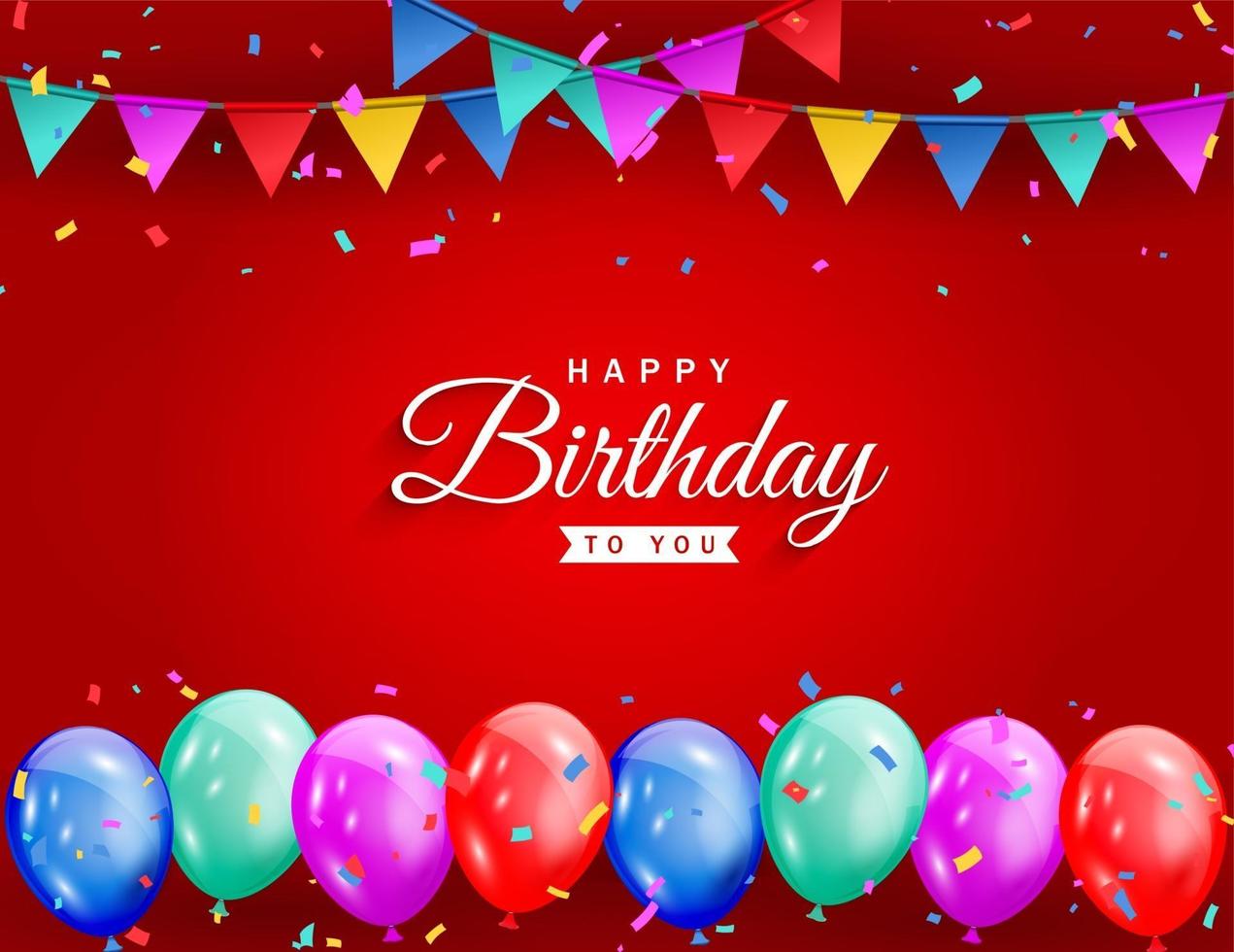celebración de cumpleaños feliz sobre fondo rojo con globos de colores, confeti brillante y fondo de cintas para tarjeta de felicitación, banner de fiesta, aniversario. vector