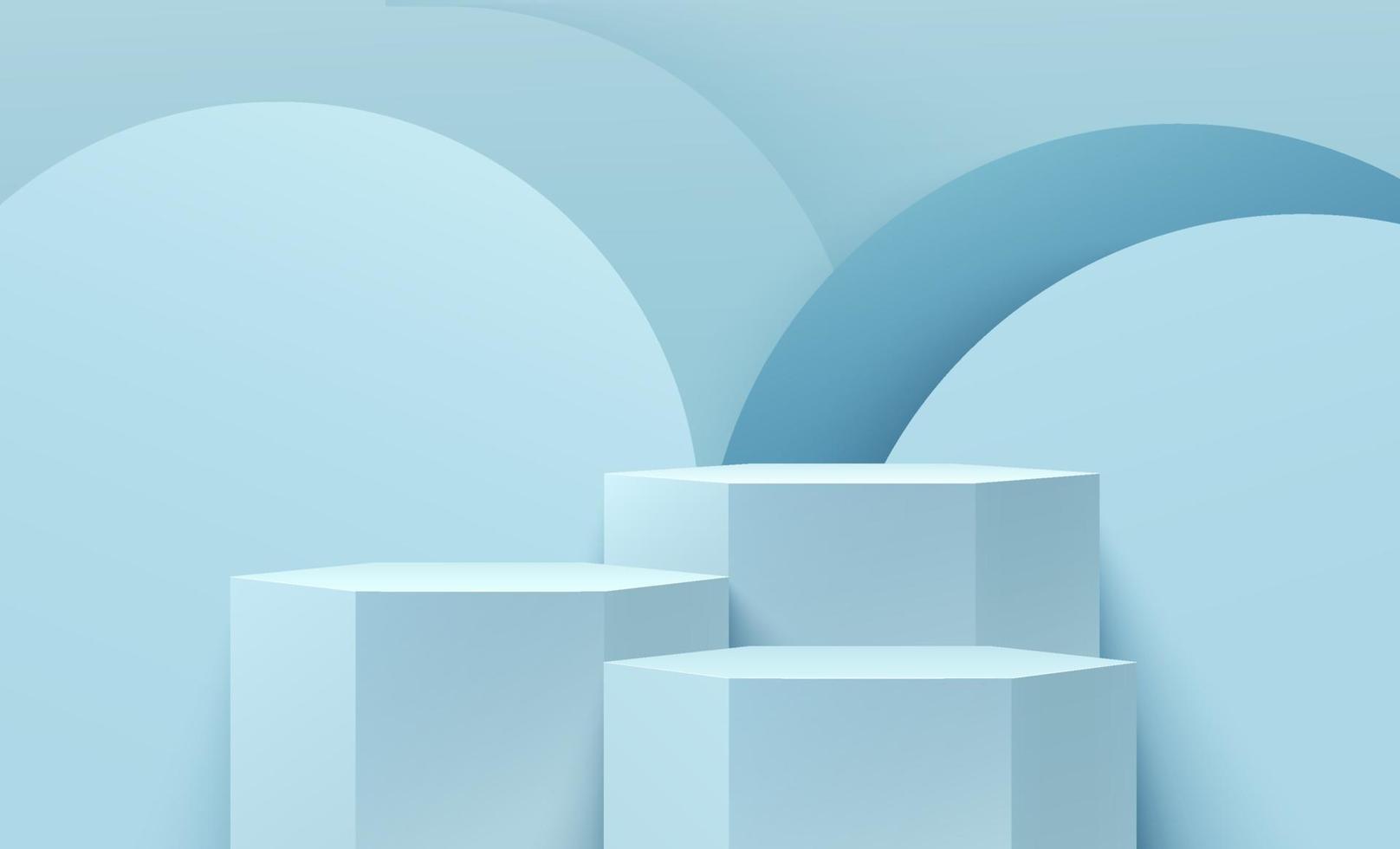 Pantalla hexagonal abstracta para producto en sitio web en diseño moderno. representación de fondo con podio y escena de pared de textura de círculo azul claro mínimo, diseño de forma geométrica de representación 3D. ilustración vectorial vector