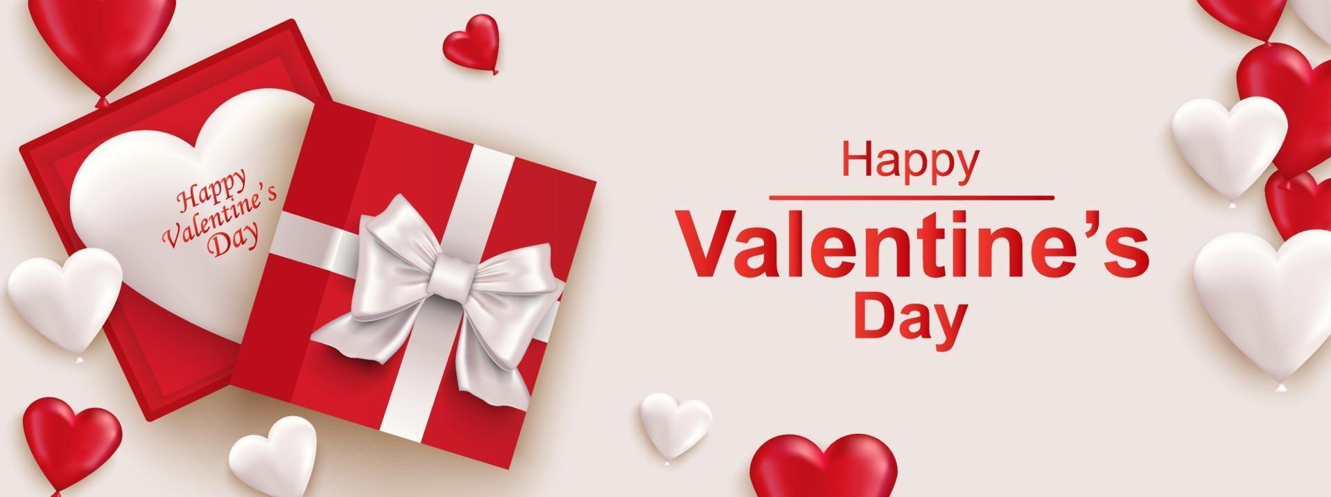 Banner de web horizontal de feliz día de San Valentín. caja de regalo realista con lazo vector