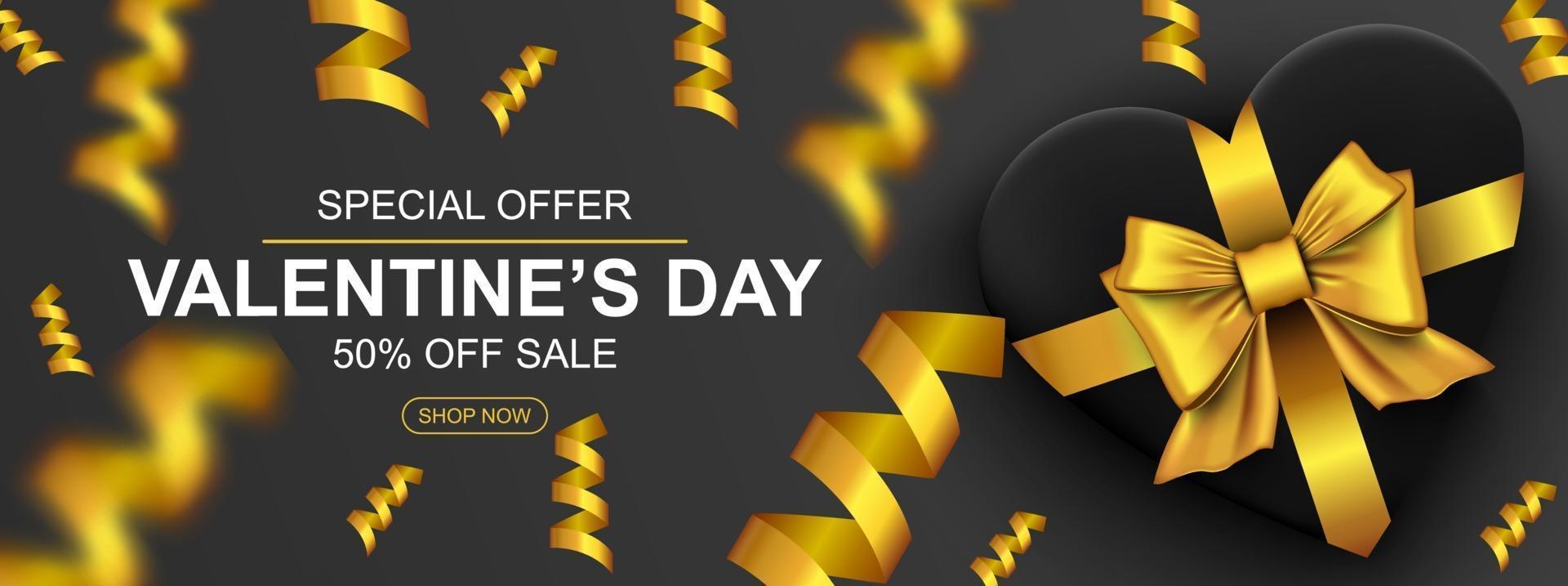 banner de web de venta de día de San Valentín. caja de regalo realista con corazón de lazo dorado y confeti. vector