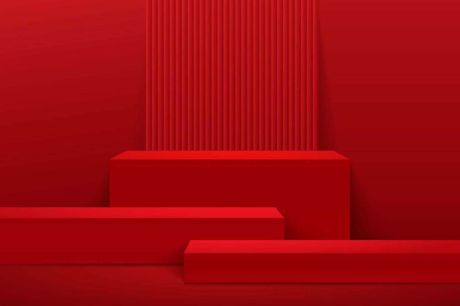 Abstract cube display for product on website in modern design. Background rendering with podium and minimal red texture wall scene, 3d rendering geometric shape design. Oriental style. Vector illustration