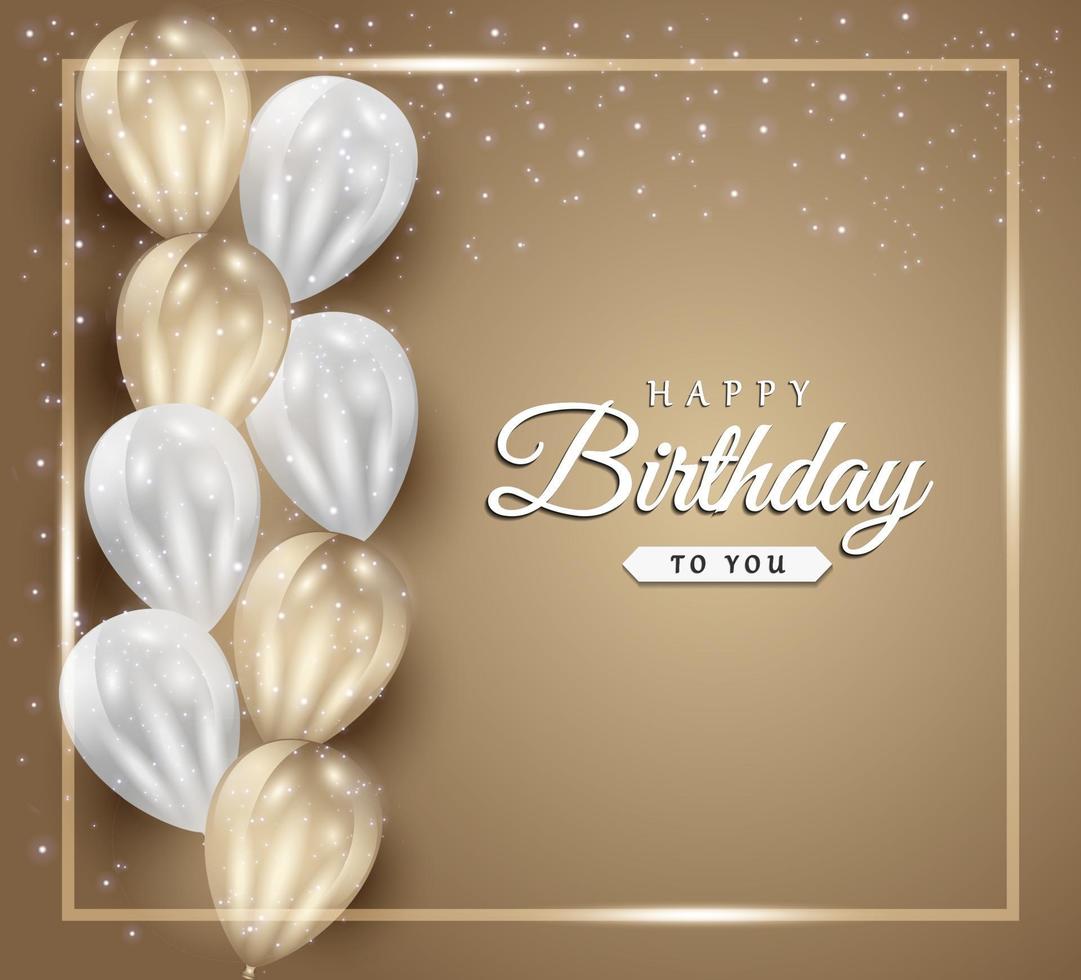 Happy Birthday celebration on golden background with 3d realistic balloons and glitter confetti for greeting card, party banner, anniversary. vector