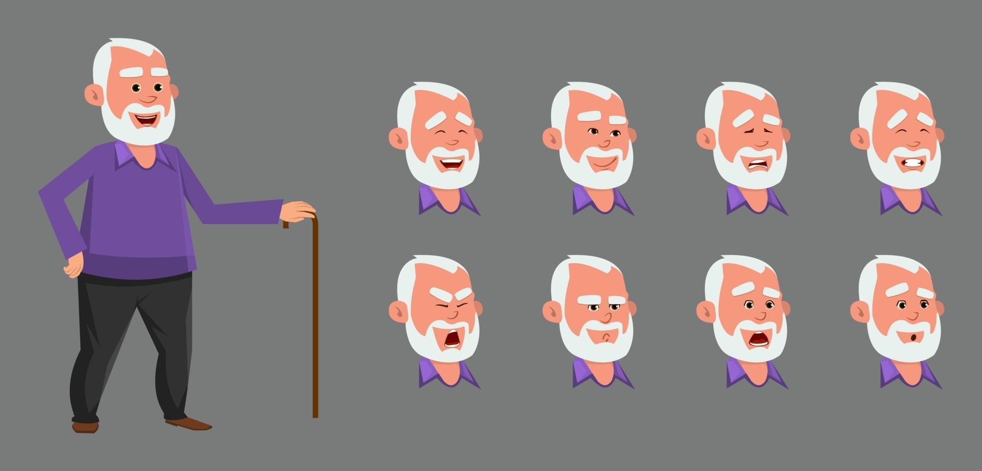 Old man character with different emotions and expressions. vector