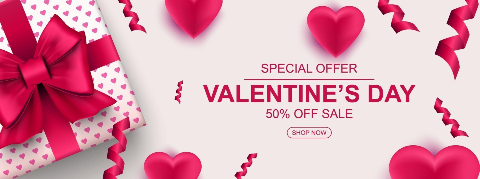 Valentines day sale web banner. Realistic gift box with bow, heart and confetti vector