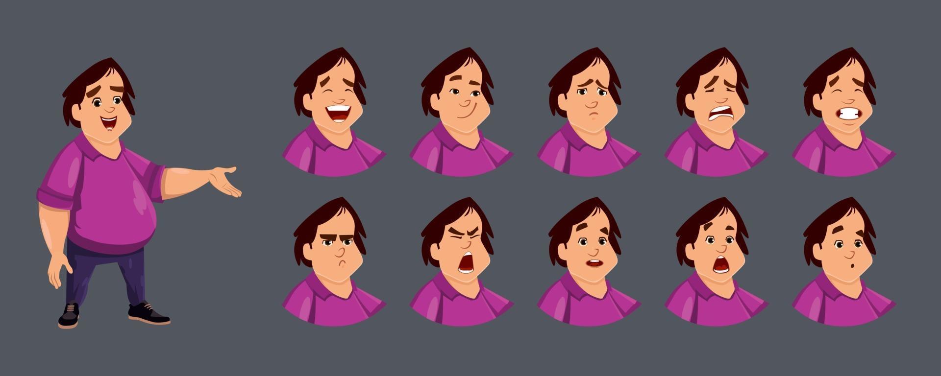 personaje de chico lindo con varias emociones faciales. vector