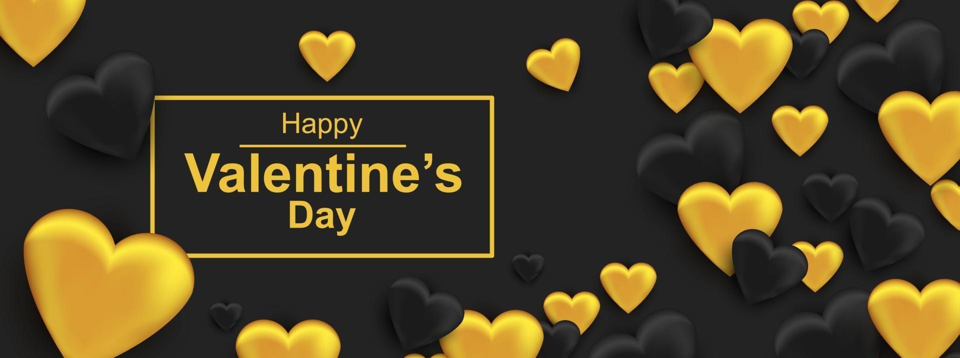 Happy Valentines day horizontal web banner. Realistic black and gold heart vector