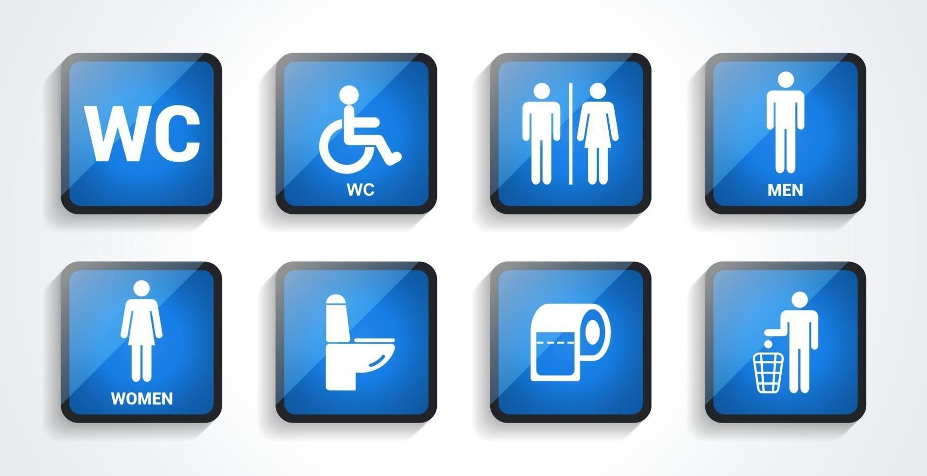 Toilet icons set in with shadow. Toilet signs, Restroom icons. Bathroom WC signs. Flat design. Vector illustration.