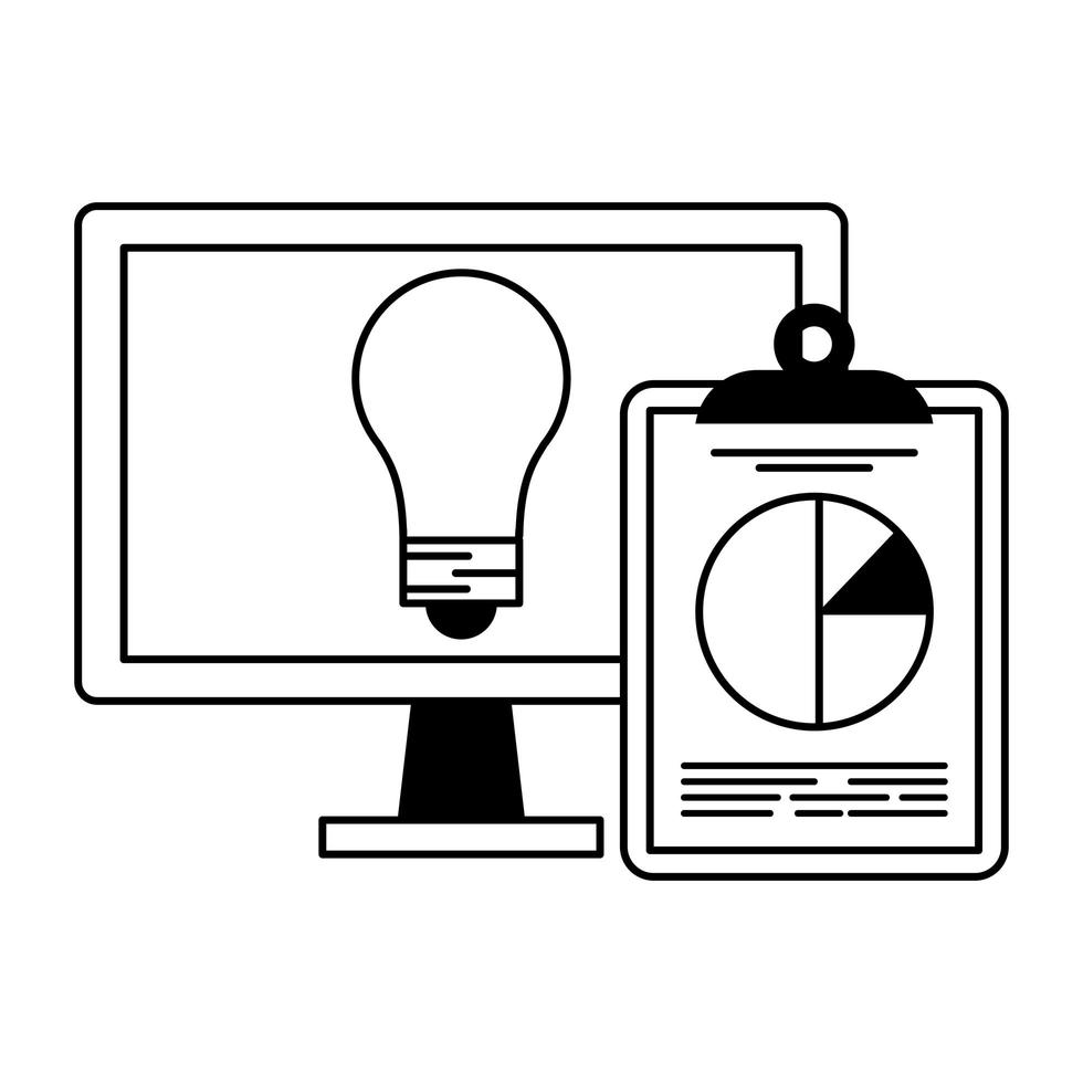 Computadora con bombilla y símbolo de portapapeles de estadísticas en blanco y negro vector