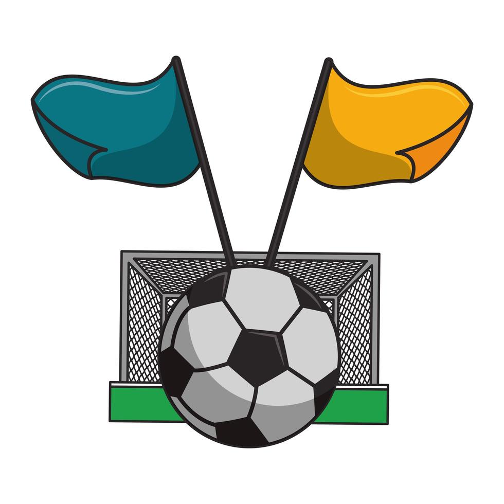 Soccer goal, ball and flags in black and white vector