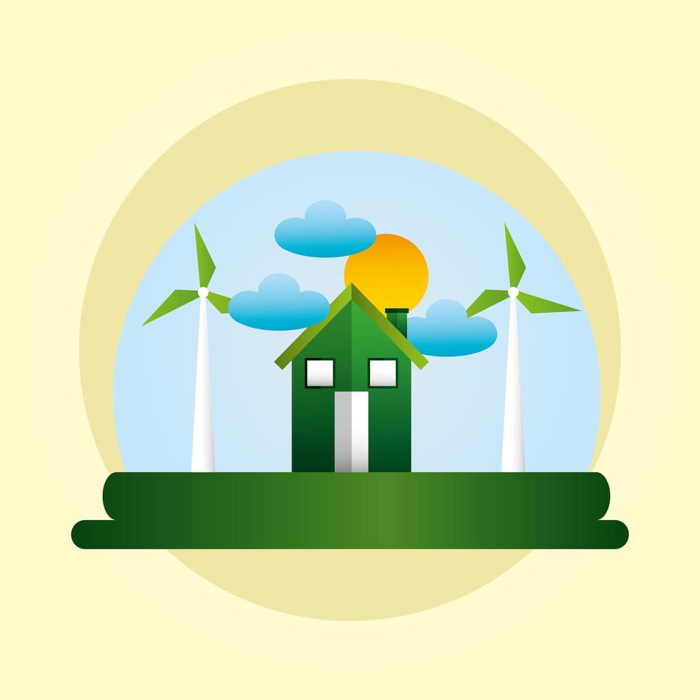 cartel ecológico con casa y energía eólica. vector