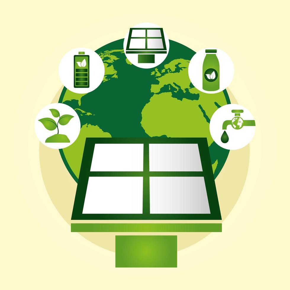 cartel ecológico con planeta tierra y panel solar. vector