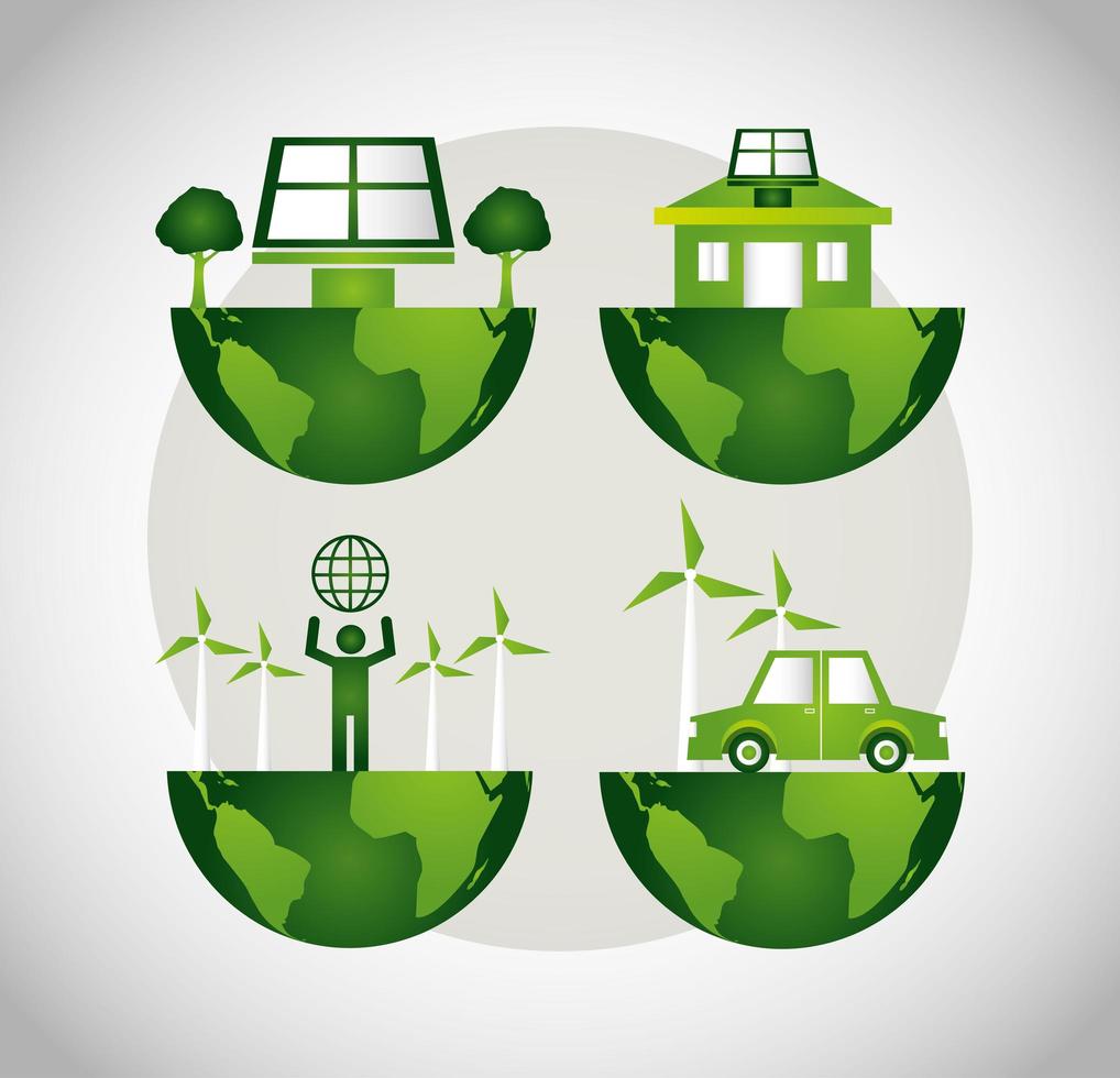Eco friendly poster with planet Earth icon set vector