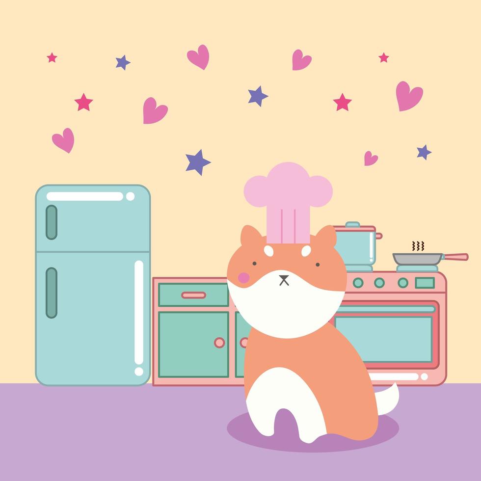 cute little cat in the kitchen, kawaii character vector