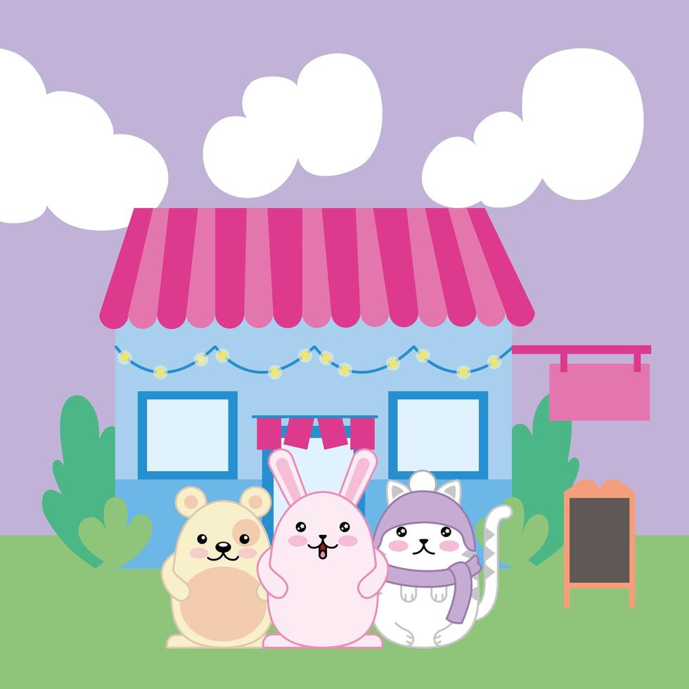 lindos animalitos kawaii con carrito de comida vector