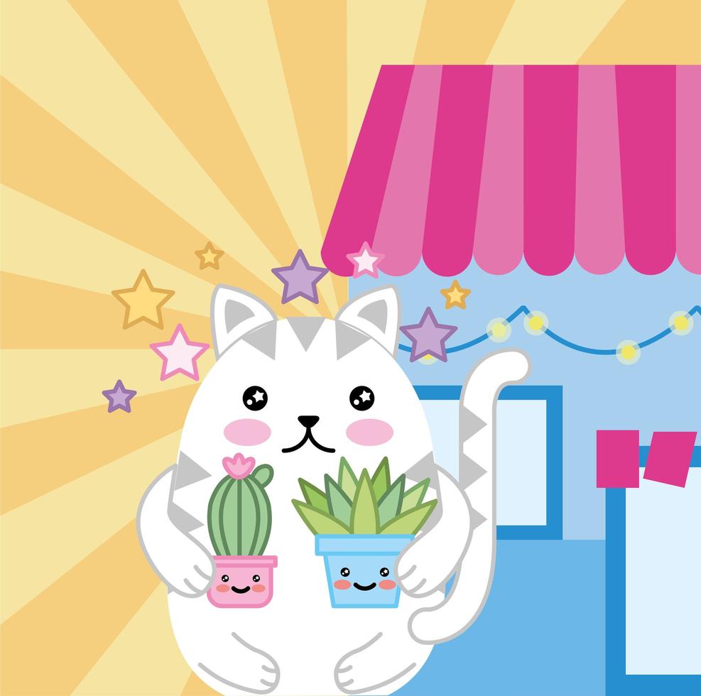 Kawaii cute little cat with plants vector