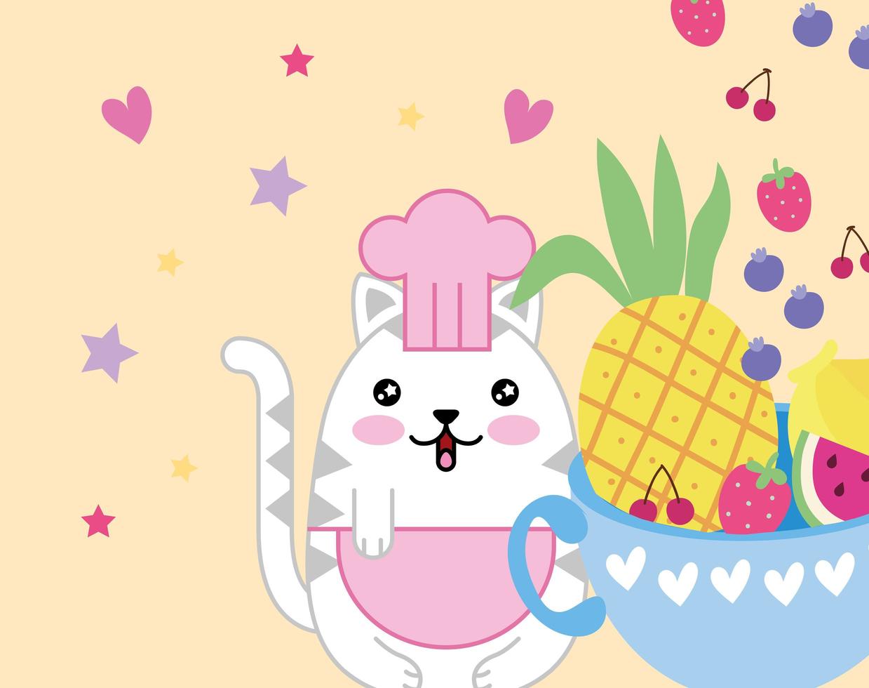 Kawaii cute little cat with bowl of fruit vector