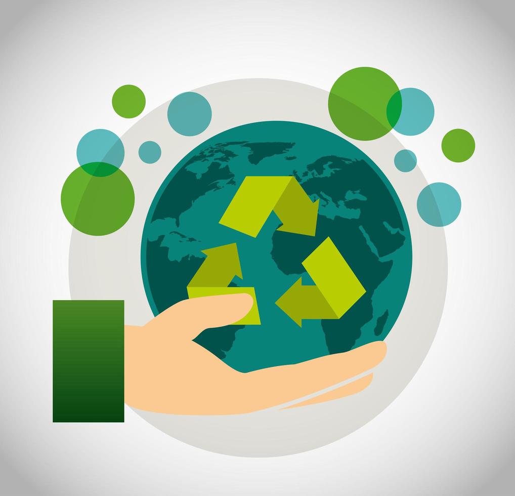 Cartel ecológico con planeta tierra y símbolo de reciclaje vector