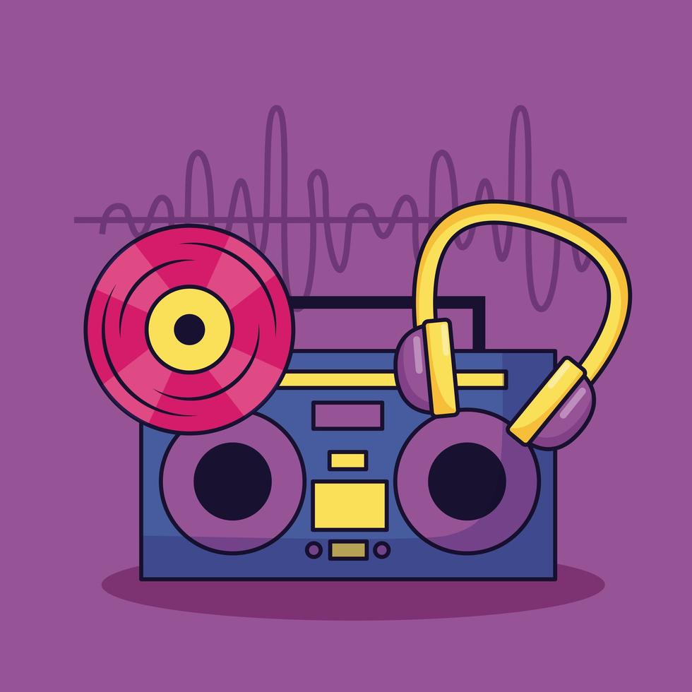 Vintage boombox estéreo de vinilo y música de auriculares de fondo colorido vector