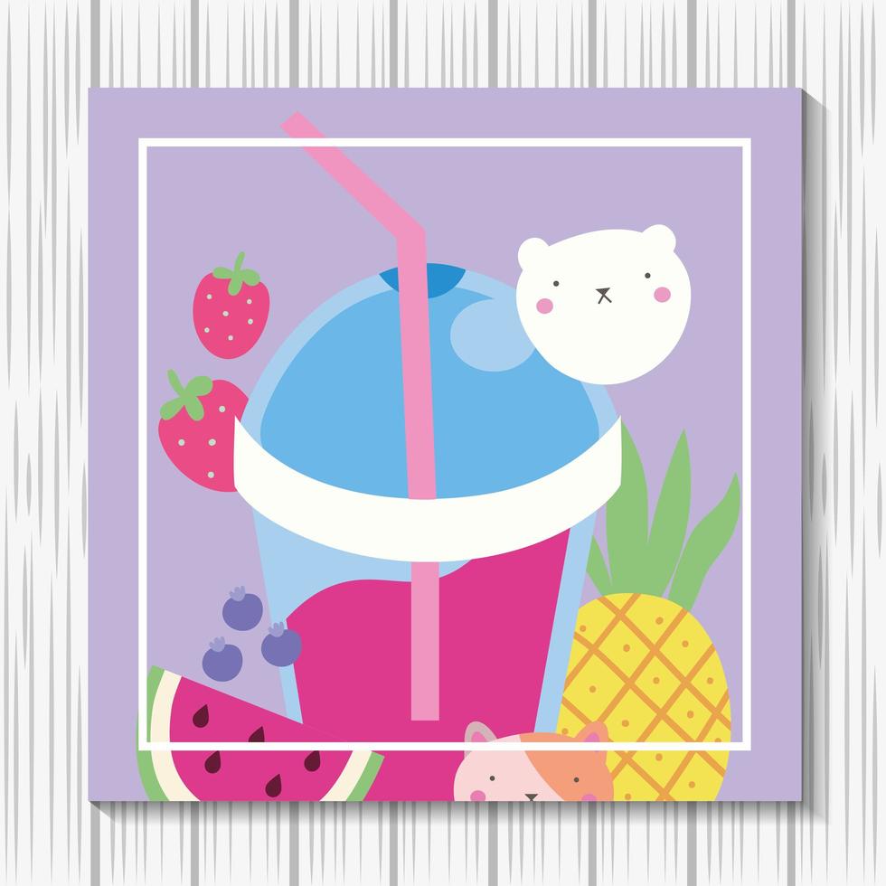 cute little cat with fruit smoothie, kawaii character vector