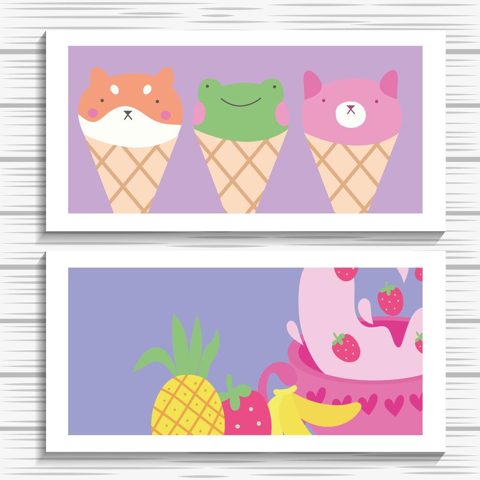 cute little animals in ice cream cones kawaii character set vector