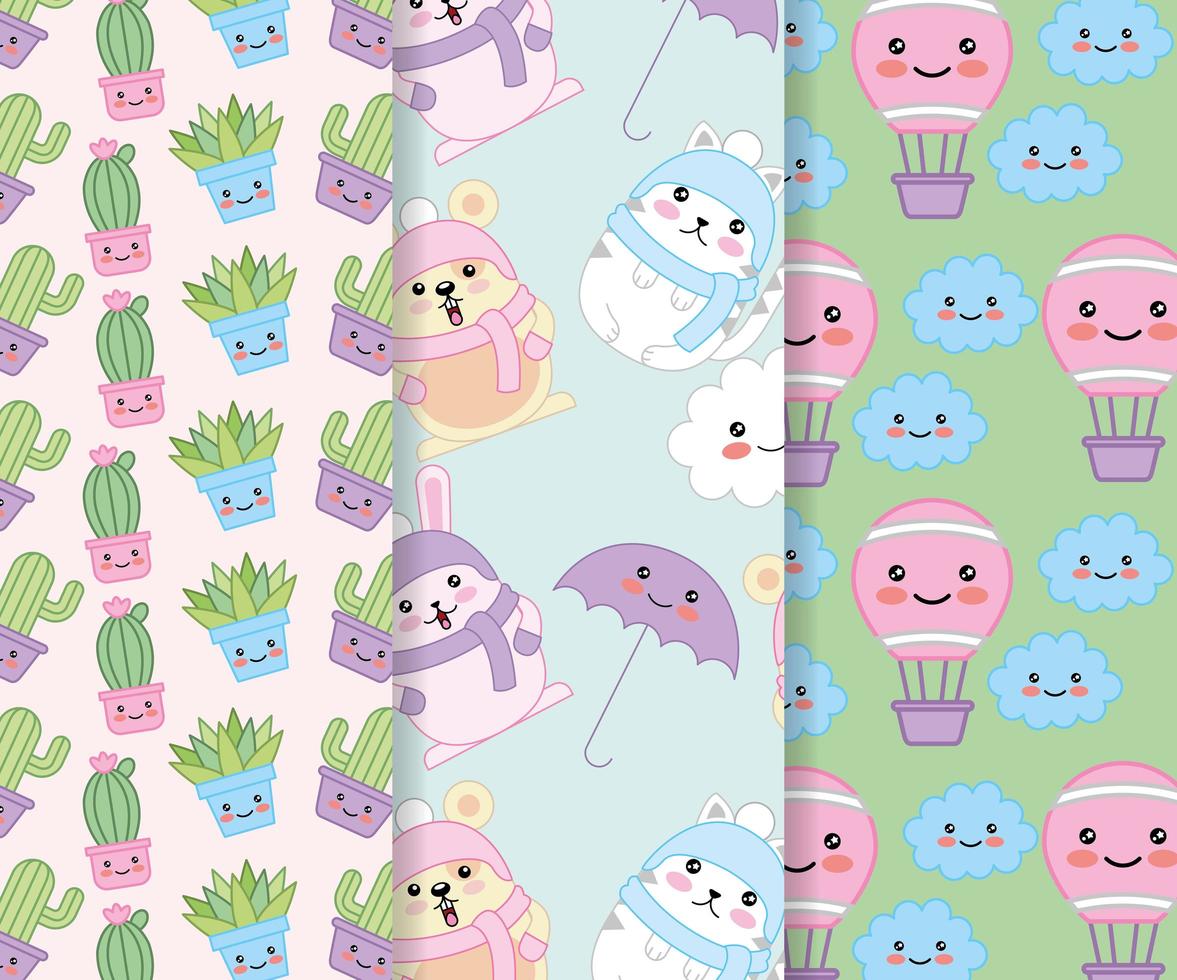 conjunto de patrones lindo kawaii vector