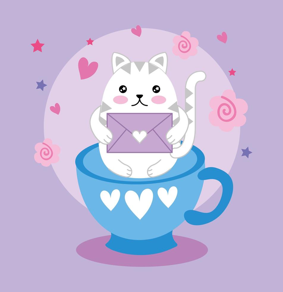 lindo gatito con sobre en una taza, personaje kawaii vector