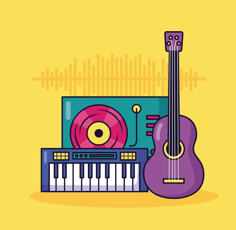 synthesizer, guitar, and turntable music colorful background vector