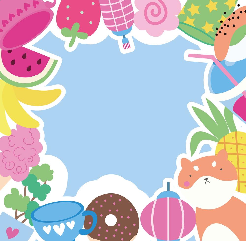 cute little fox with fruits and donuts, kawaii character vector