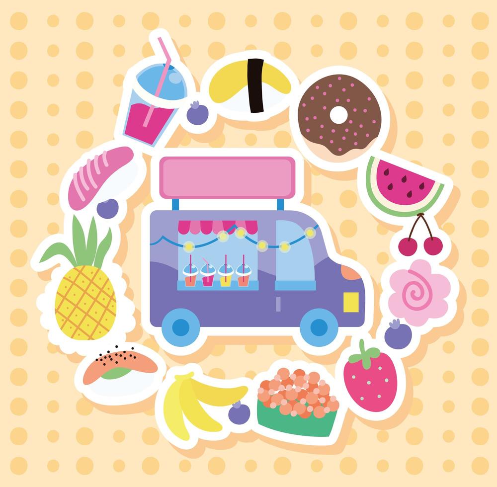 Ice cream truck with kawaii style icons vector