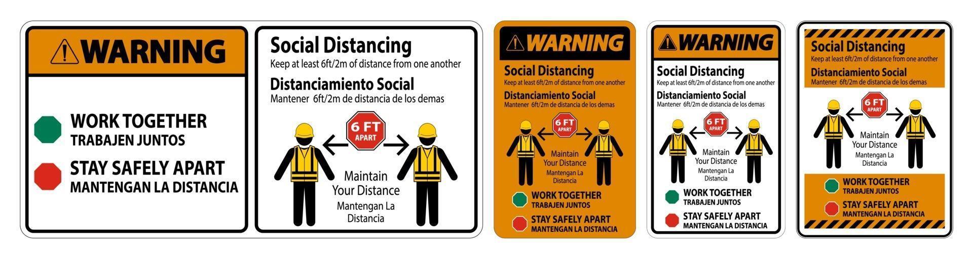 Warning Bilingual Social Distancing Construction Sign Isolate On White Background vector