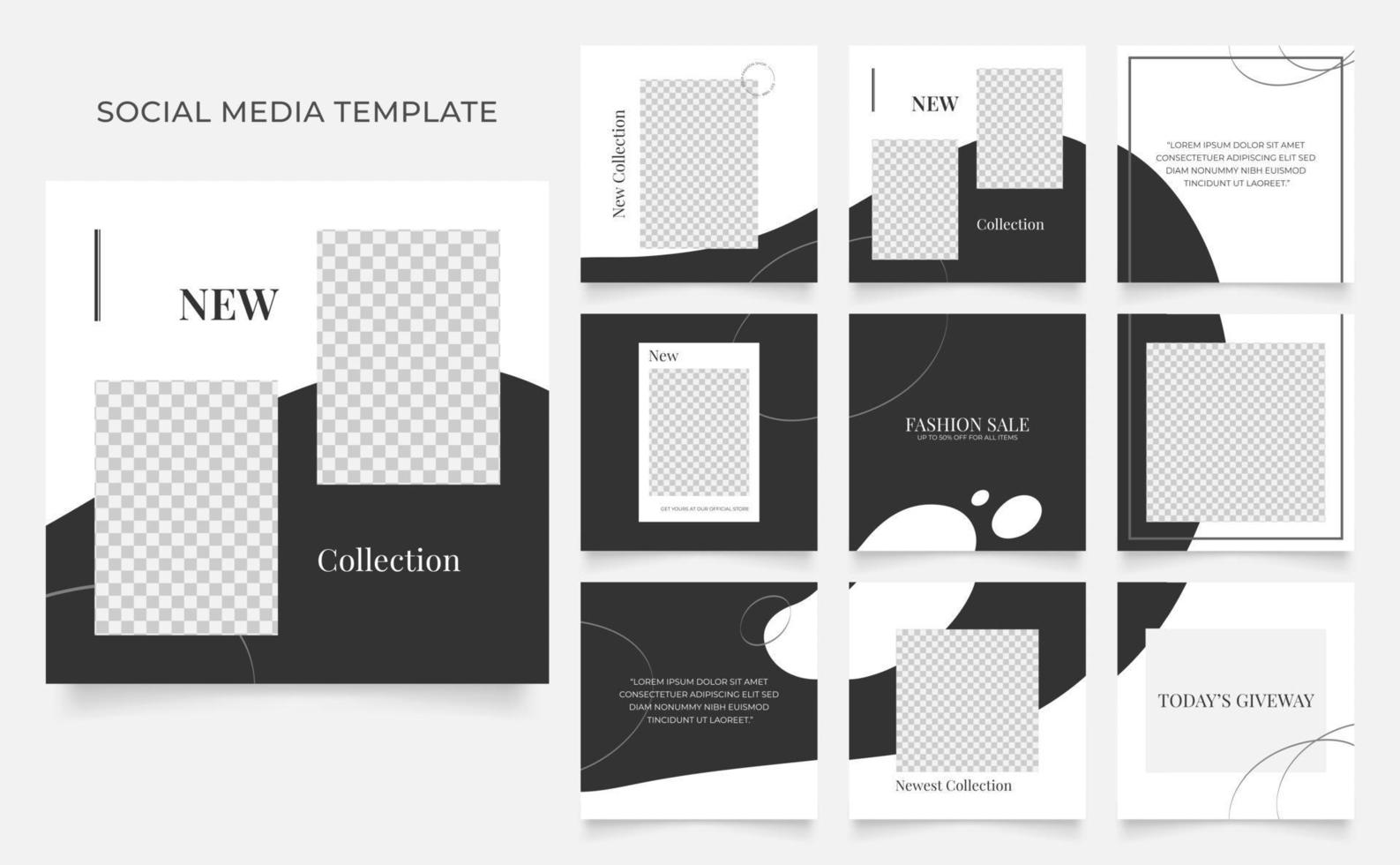 social media template banner blog fashion sale promotion. fully editable square post frame puzzle organic sale poster. black grey white vector background