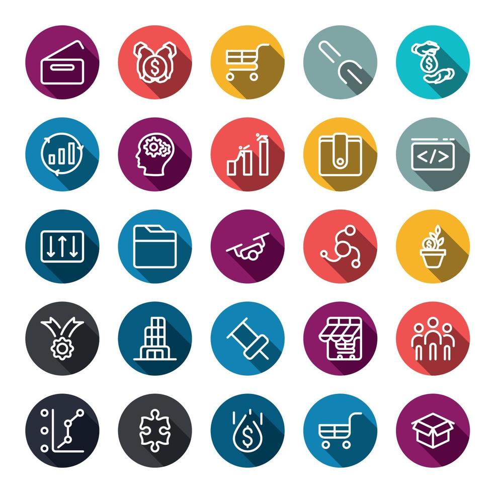Business marketing online or financial investment benefit or return icons with outline on circle color shape and long shadow. vector infographic.