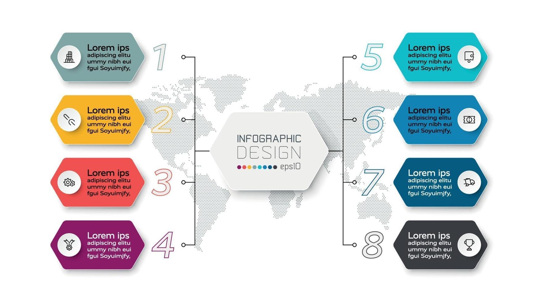 Presentations 8 steps by hexagon design describe the work through the organization.  infographic design. vector