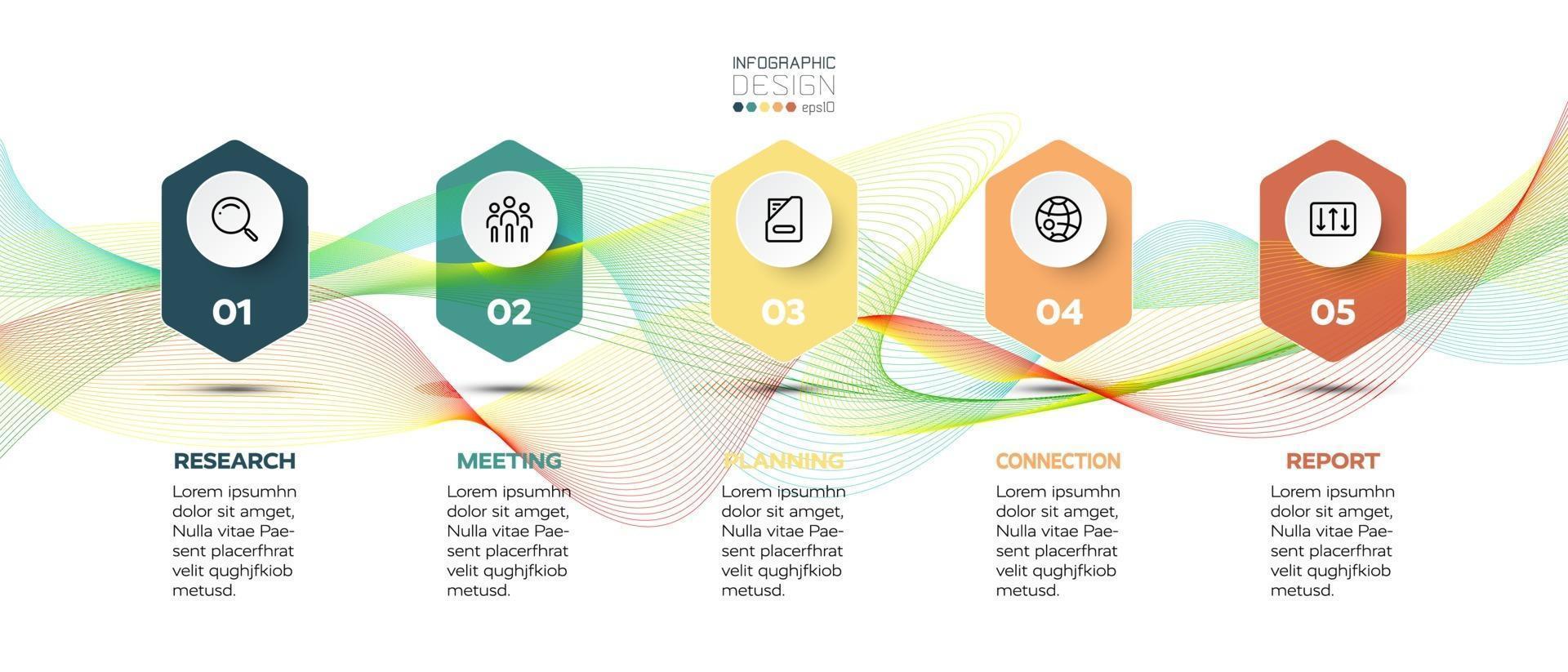 Hexagon with wave design, 5-step business planning, display and analysis report. vector infographic.