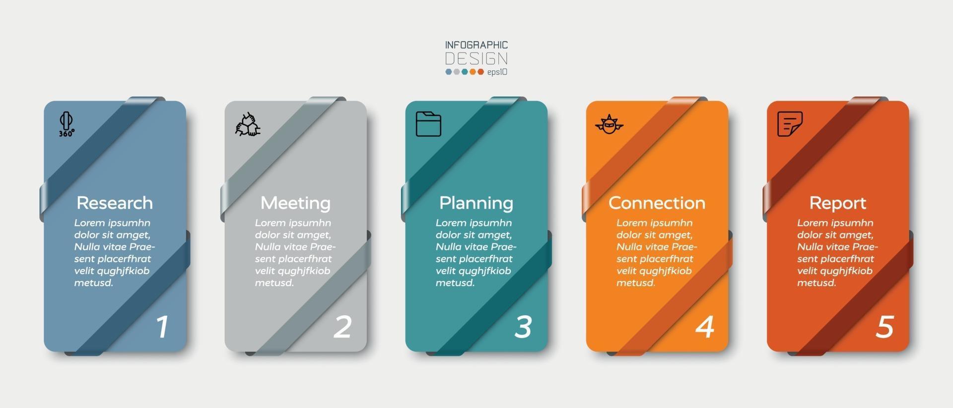 Square with ribbon design, 5 steps for business presentation and planning. vector infographic design.