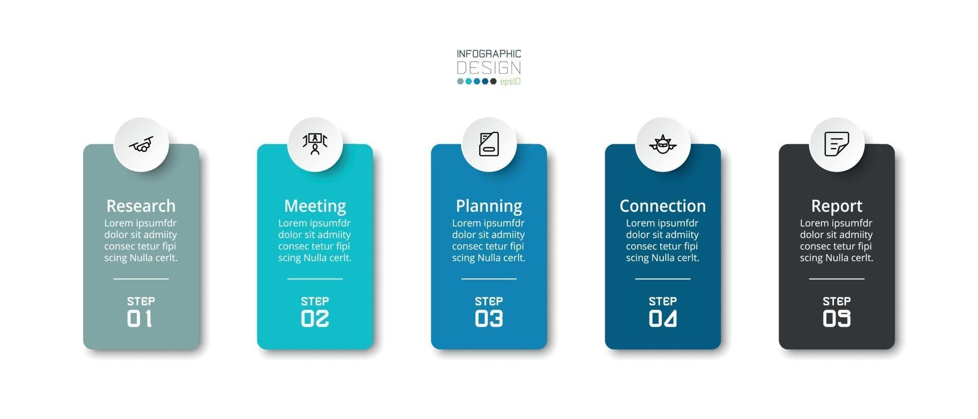 5-step presentation and explanation of business plans, marketing plans and study reports by vector square infographics.