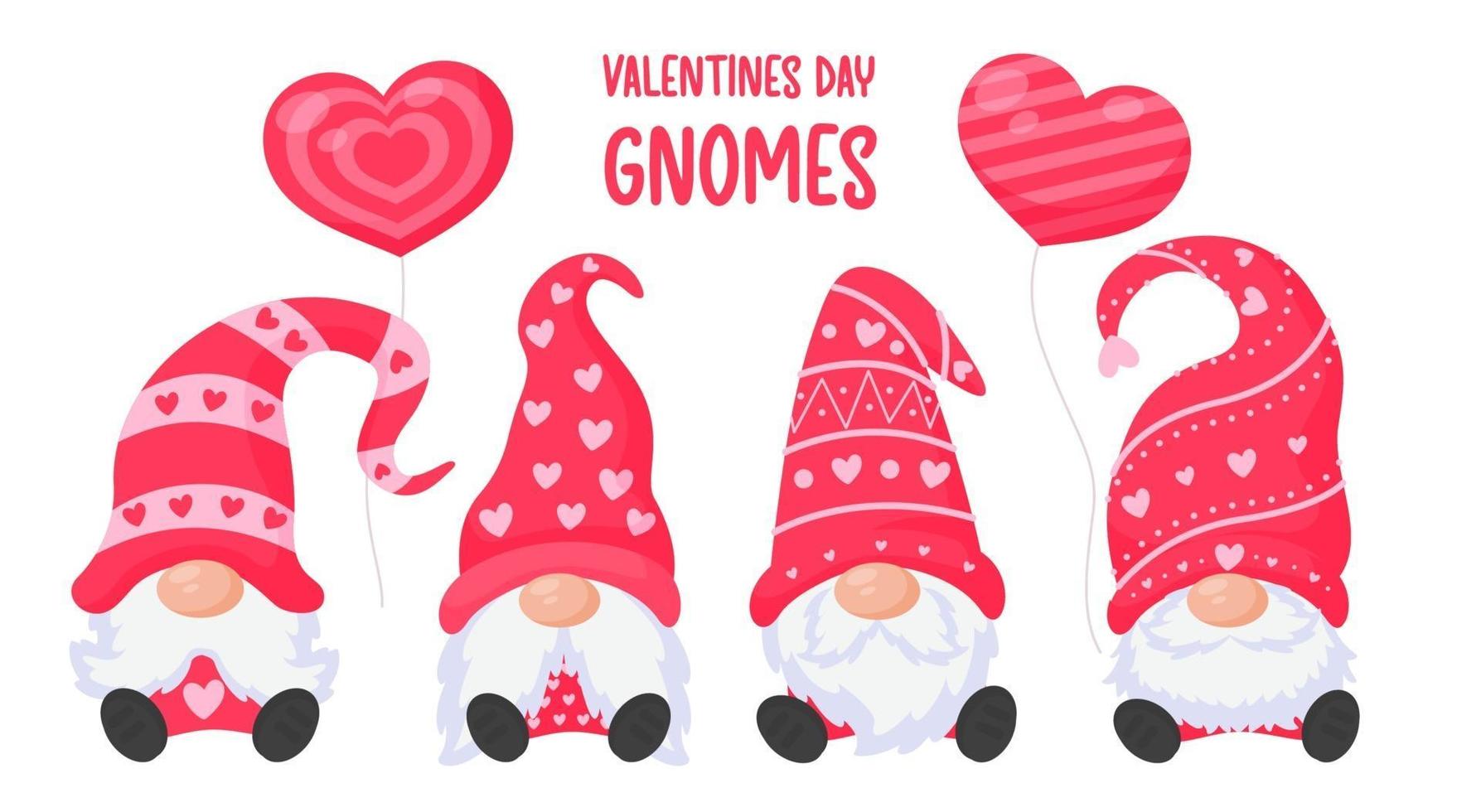 enanos o gnomos sostienen globos de corazón rosa. para la tarjeta de felicitación del día de san valentín vector