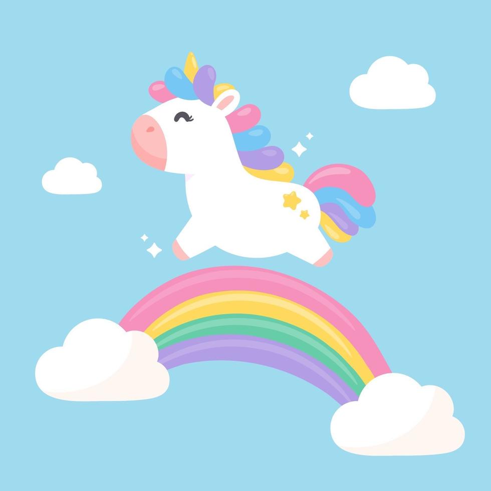 un unicornio de fantasía saltando sobre un arco iris pastel para divertirse con un hermoso cielo lleno de nubes vector