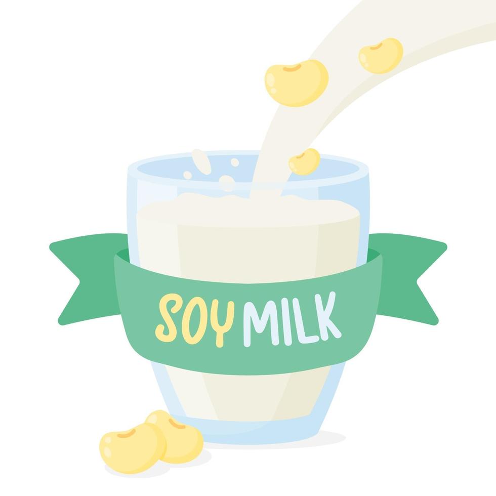 Soy milk with soy beans poured into a clear glass for drinking in the morning. Health care concept vector