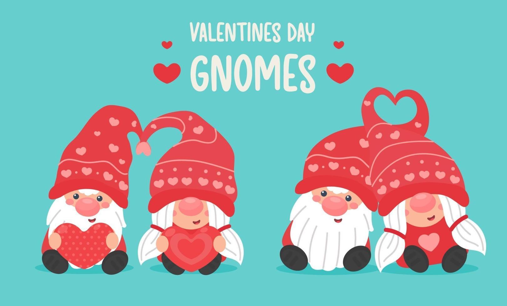 Happy Valentines day. Cartoon gnomes couples give each other a red heart on Valentines Day. vector