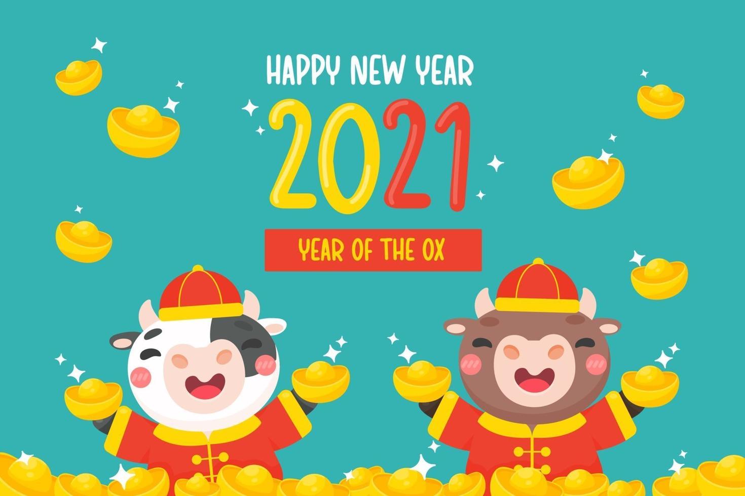 feliz año nuevo chino 2021 tigre de dibujos animados sosteniendo oro bendición año nuevo chino. vector